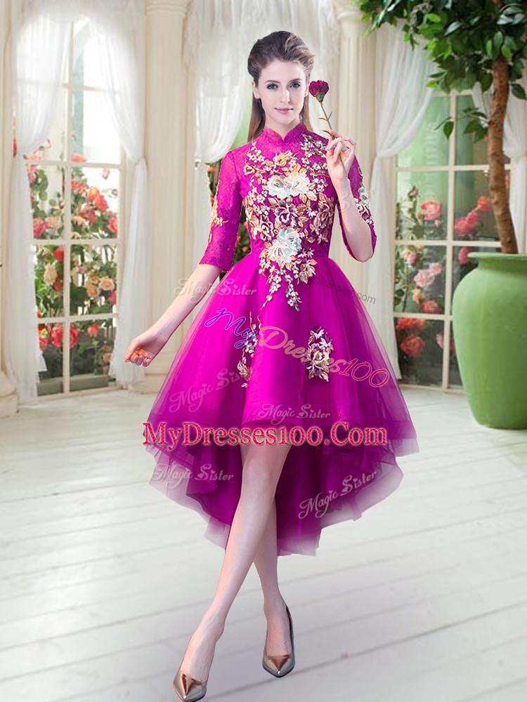 High Low Fuchsia Evening Dress High-neck Half Sleeves Zipper