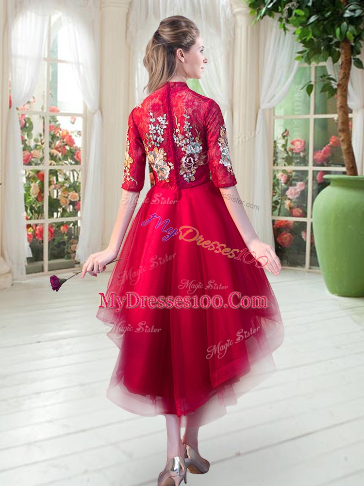 High Low Fuchsia Evening Dress High-neck Half Sleeves Zipper