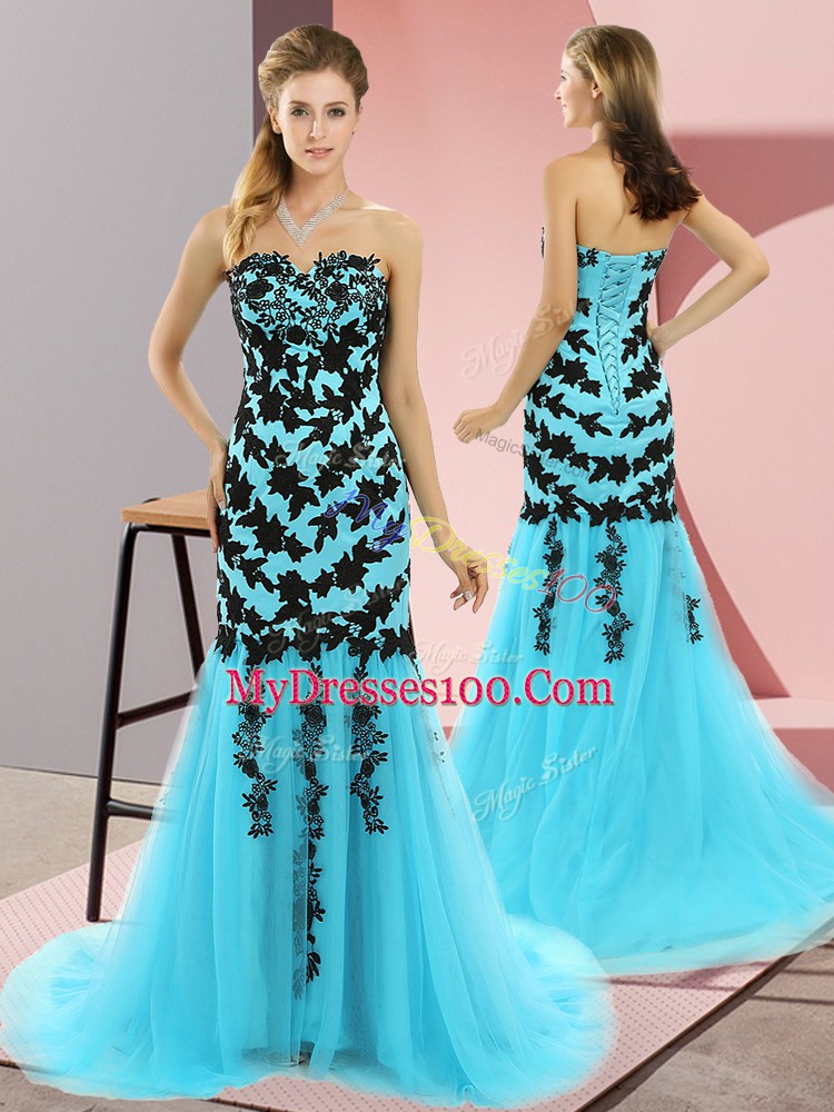 Customized Aqua Blue Mermaid Sweetheart Sleeveless Tulle Sweep Train Lace Up Appliques Prom Party Dress