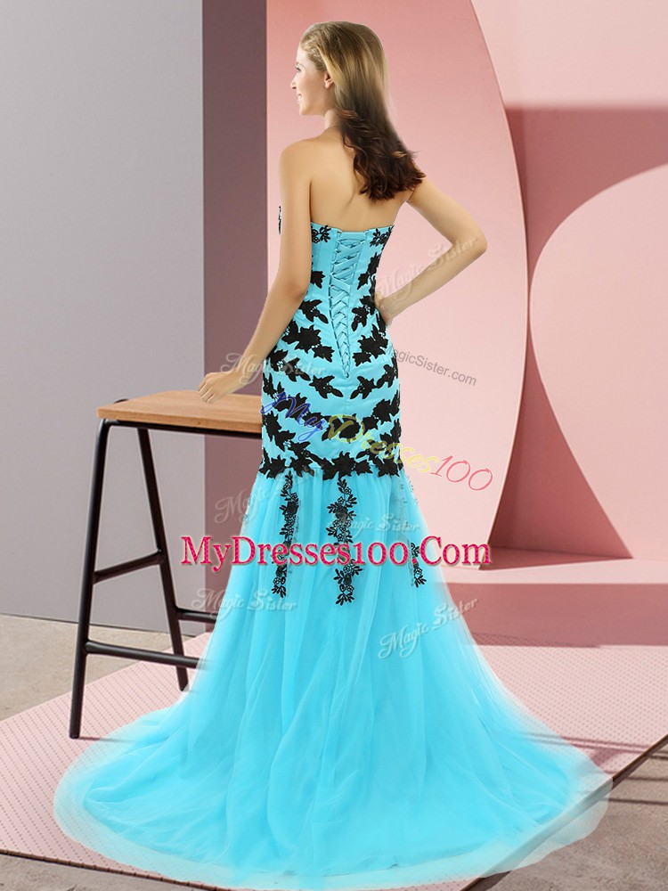 Customized Aqua Blue Mermaid Sweetheart Sleeveless Tulle Sweep Train Lace Up Appliques Prom Party Dress