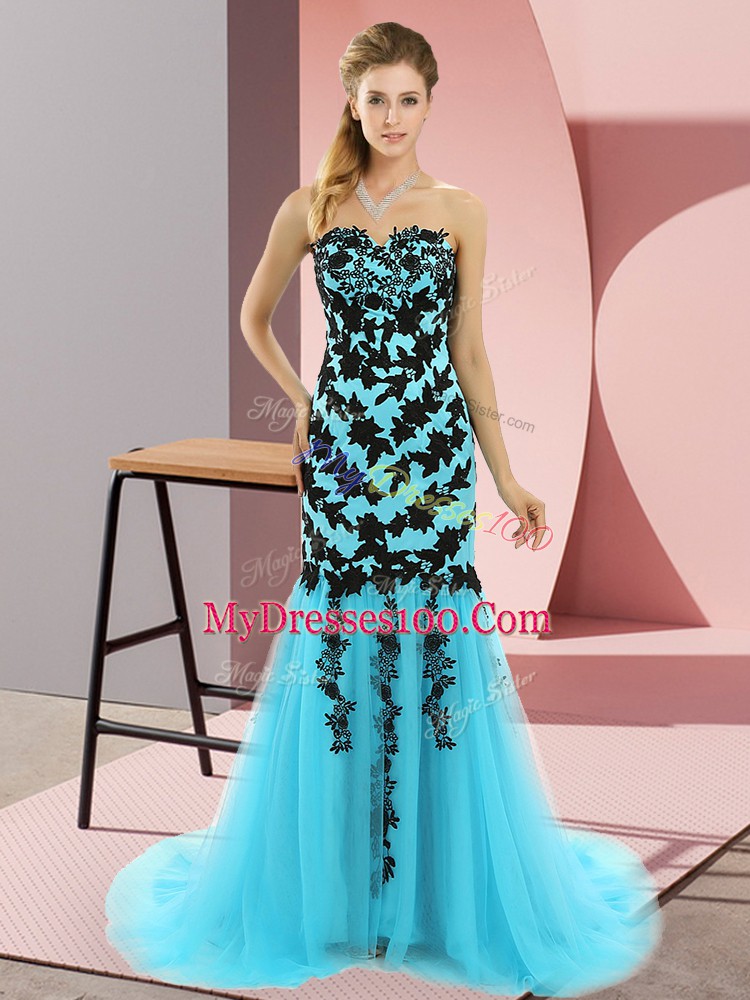Customized Aqua Blue Mermaid Sweetheart Sleeveless Tulle Sweep Train Lace Up Appliques Prom Party Dress