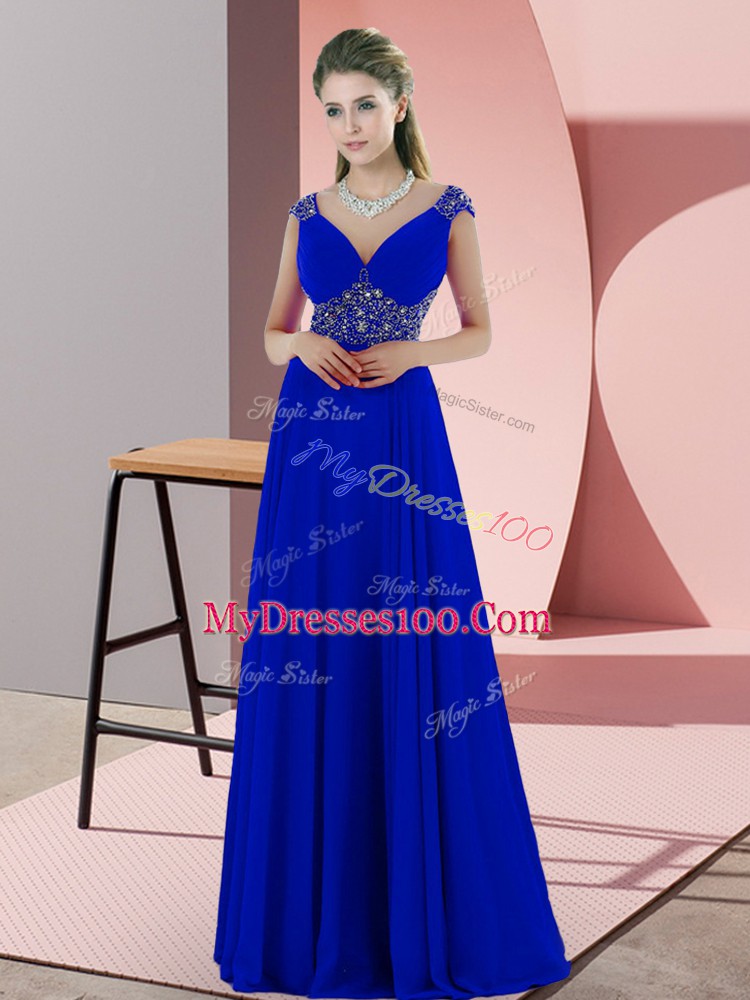 Blue Empire Satin V-neck Sleeveless Beading and Pick Ups Backless Evening Dress Sweep Train