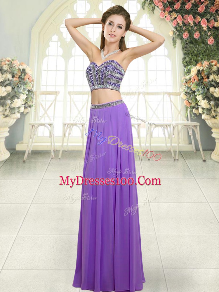 Lavender Two Pieces Beading Evening Wear Backless Chiffon Sleeveless Floor Length
