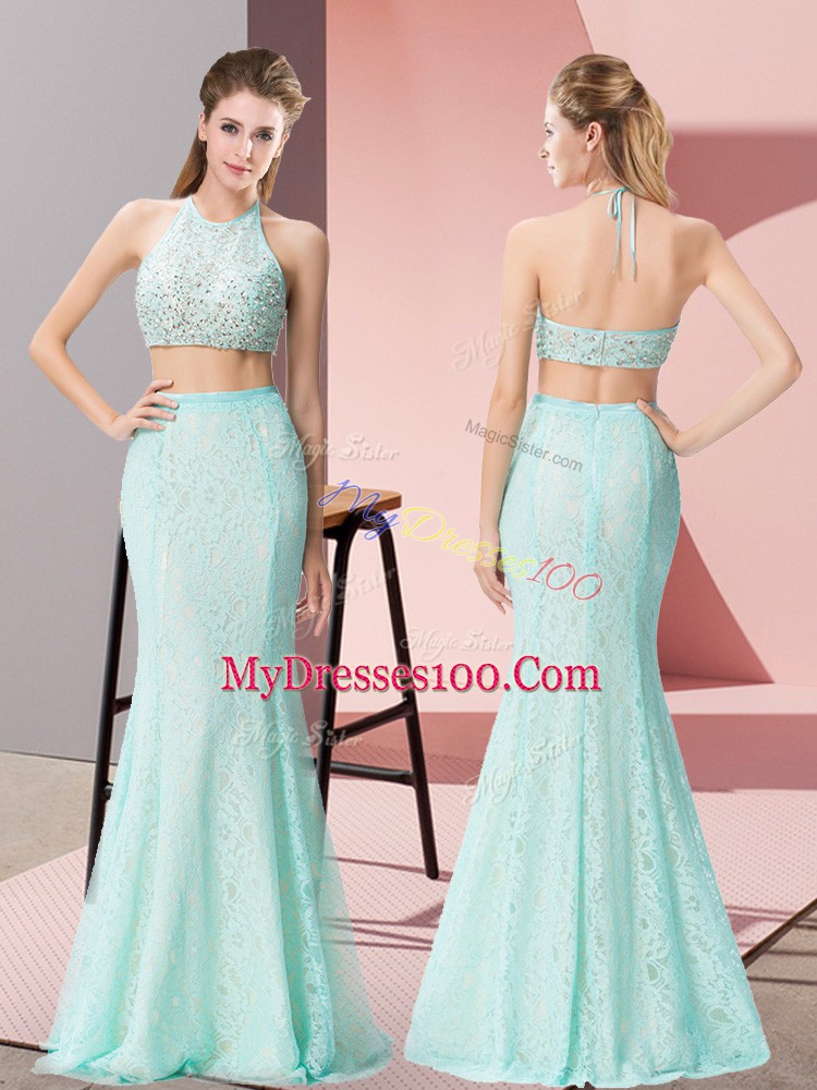Glorious Floor Length Apple Green Prom Gown Halter Top Sleeveless Backless