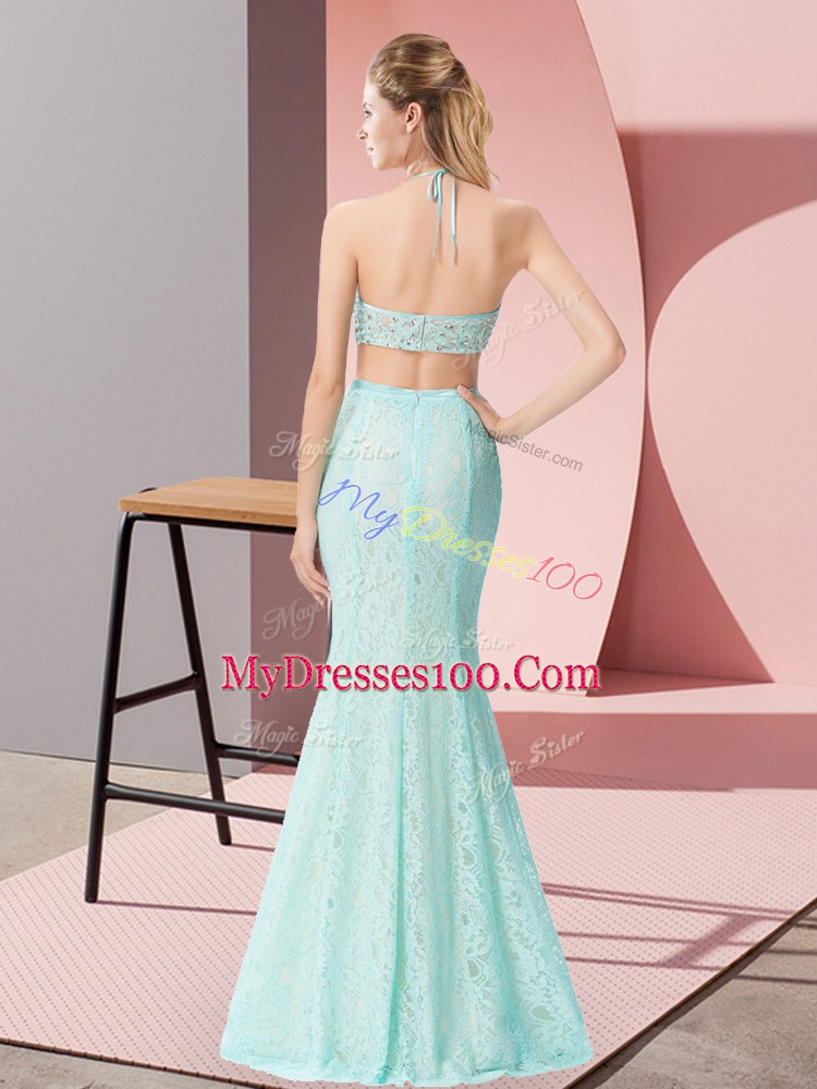 Glorious Floor Length Apple Green Prom Gown Halter Top Sleeveless Backless