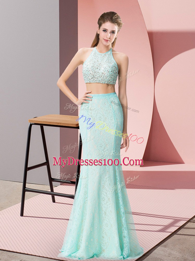 Glorious Floor Length Apple Green Prom Gown Halter Top Sleeveless Backless