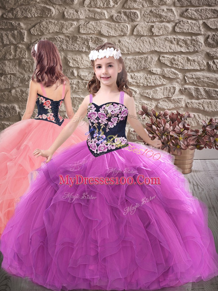Perfect Purple Straps Neckline Embroidery and Ruffles Girls Pageant Dresses Sleeveless Lace Up
