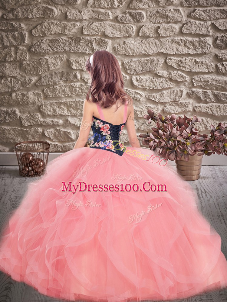 Perfect Purple Straps Neckline Embroidery and Ruffles Girls Pageant Dresses Sleeveless Lace Up