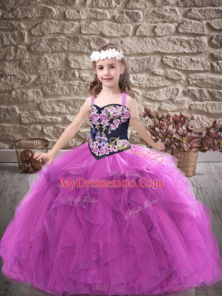 Perfect Purple Straps Neckline Embroidery and Ruffles Girls Pageant Dresses Sleeveless Lace Up
