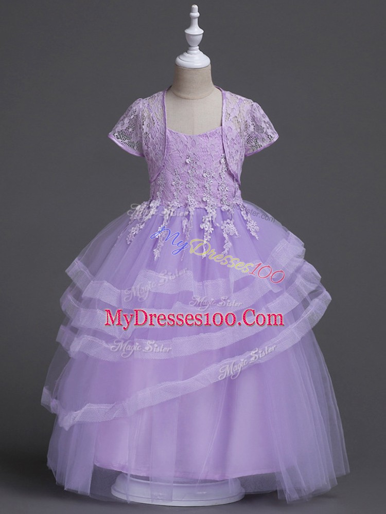 Modest Sleeveless Zipper Floor Length Appliques and Ruffled Layers Flower Girl Dress
