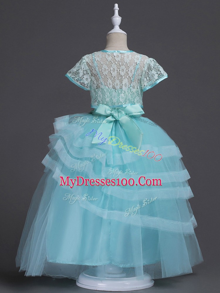 Modest Sleeveless Zipper Floor Length Appliques and Ruffled Layers Flower Girl Dress