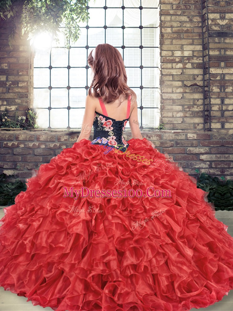 Embroidery and Ruffles Custom Made Pageant Dress Lace Up Sleeveless Floor Length