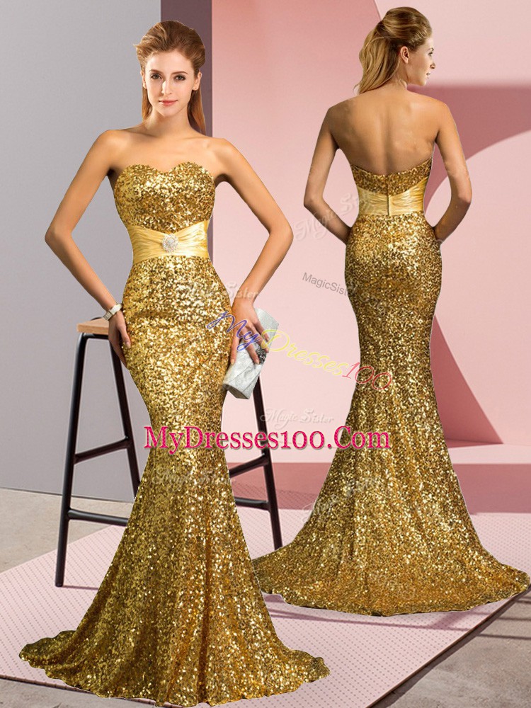 Gold Prom Dresses Sequined Sweep Train Sleeveless Beading