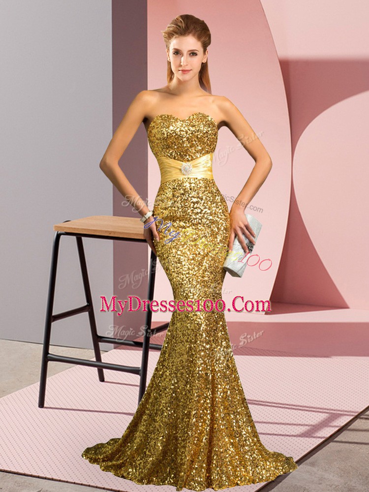 Gold Prom Dresses Sequined Sweep Train Sleeveless Beading
