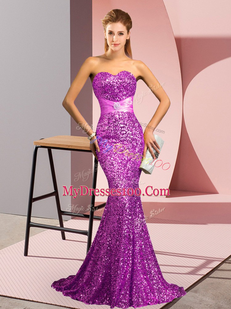 Sexy Purple Sweetheart Sleeveless Sweep Train Zipper