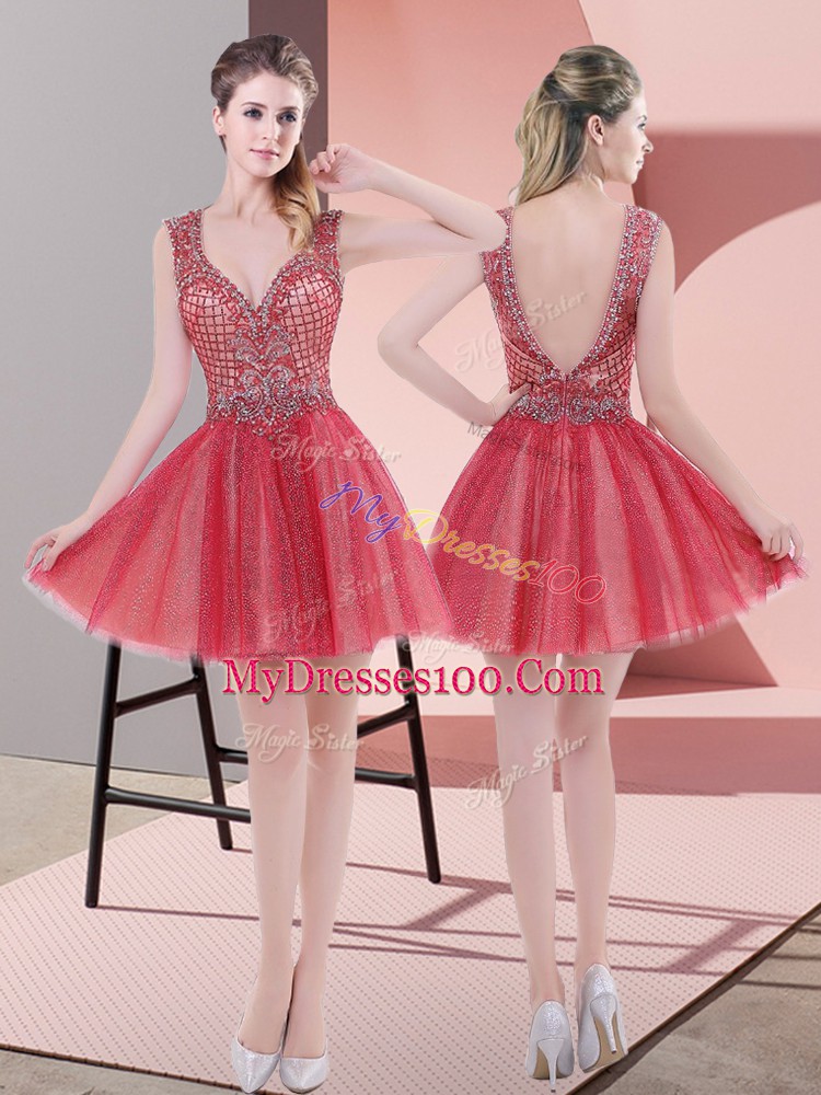A-line Prom Dresses Watermelon Red V-neck Tulle Sleeveless Mini Length Backless