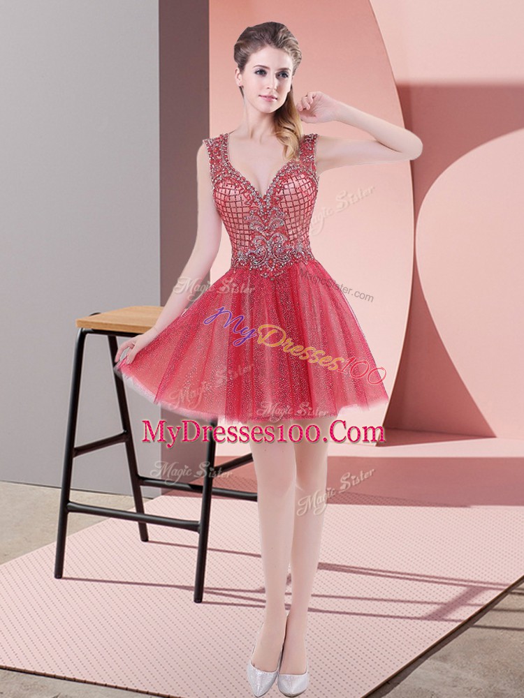 A-line Prom Dresses Watermelon Red V-neck Tulle Sleeveless Mini Length Backless