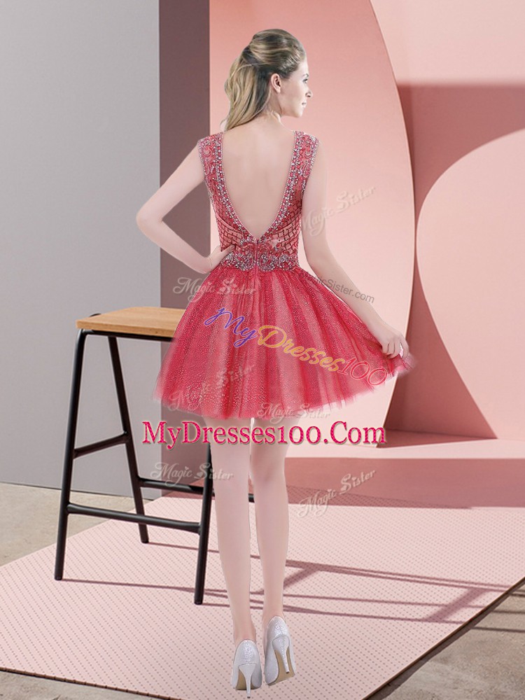 A-line Prom Dresses Watermelon Red V-neck Tulle Sleeveless Mini Length Backless