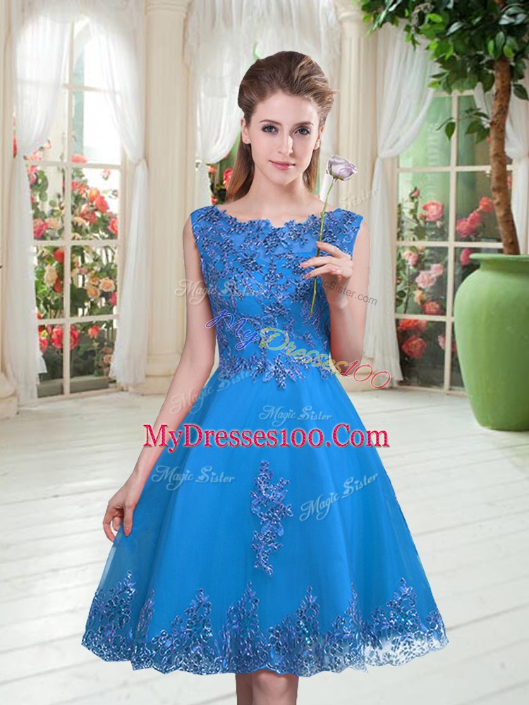 Tulle Sleeveless Knee Length Prom Evening Gown and Beading and Appliques