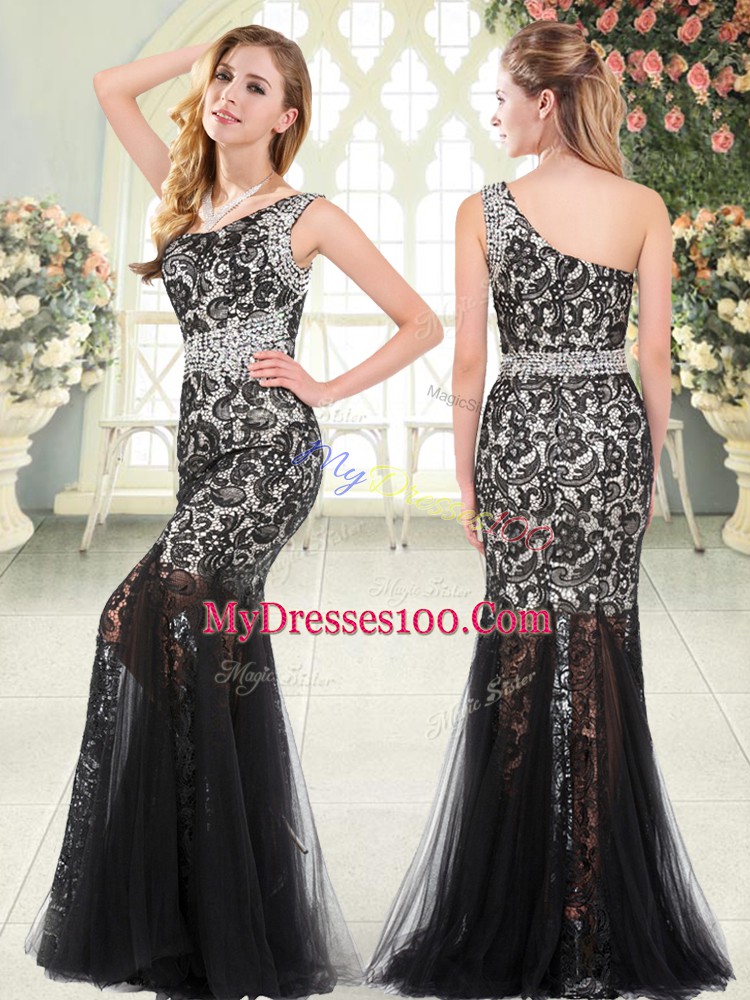 Most Popular One Shoulder Sleeveless Prom Dresses Floor Length Beading and Lace Black Tulle