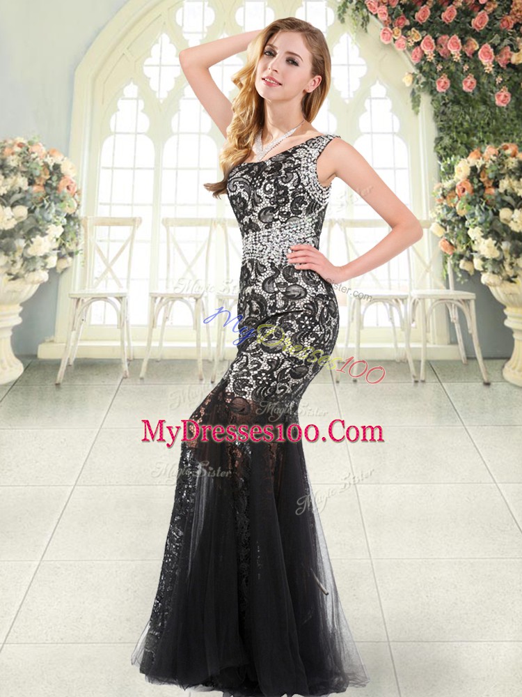 Most Popular One Shoulder Sleeveless Prom Dresses Floor Length Beading and Lace Black Tulle