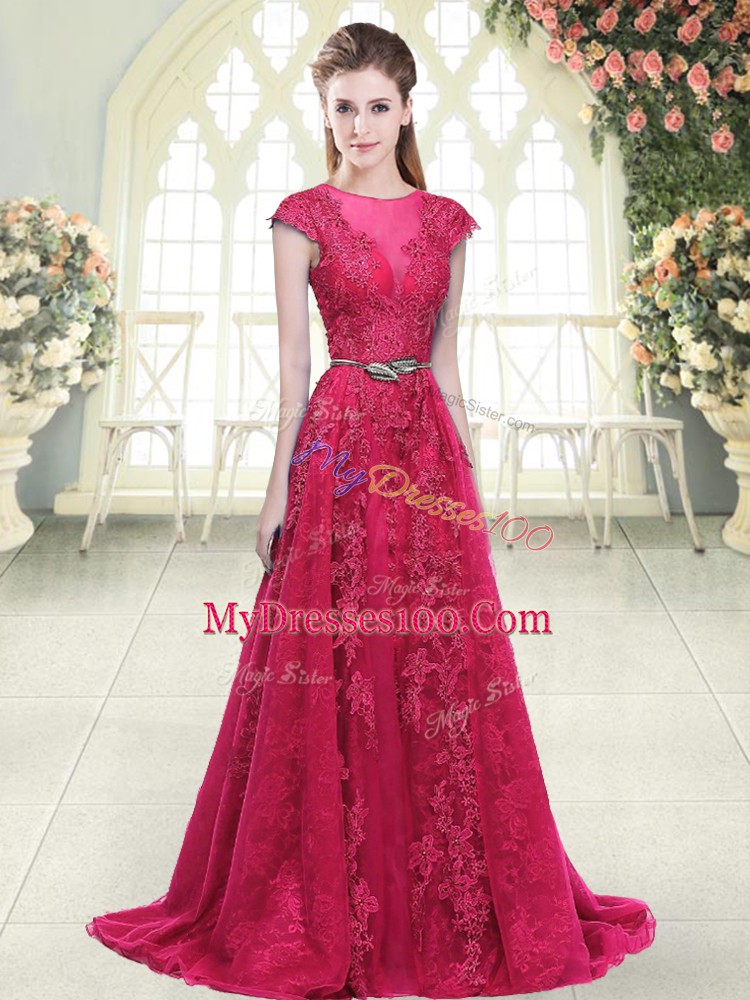 Pink Dress for Prom Prom and Party and Military Ball with Beading and Lace and Appliques Scoop Cap Sleeves Sweep Train Zipper