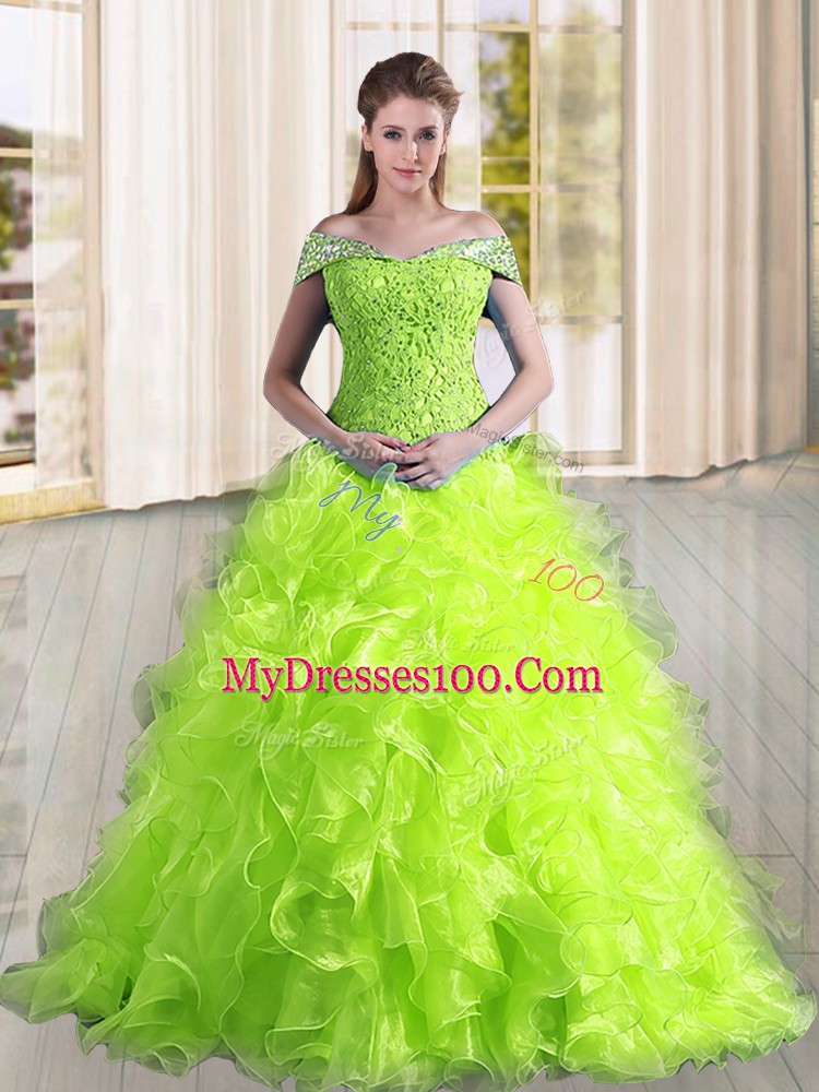 Off The Shoulder Sleeveless Sweep Train Lace Up Sweet 16 Dress Yellow Green Organza