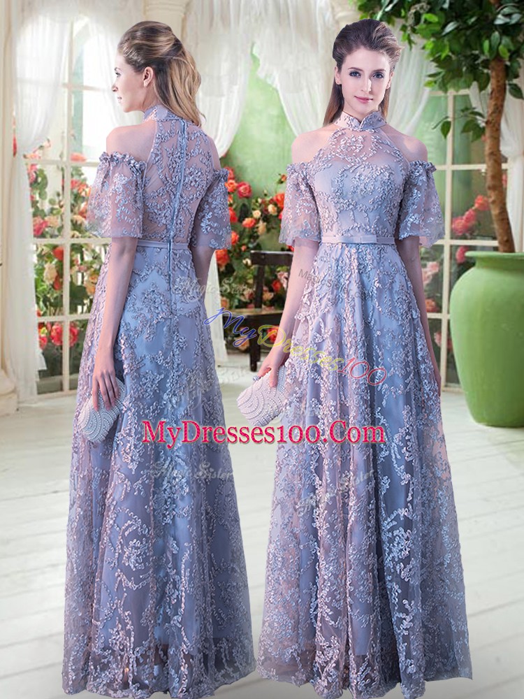 Ideal Grey Evening Gowns Prom and Party with Belt High-neck Half Sleeves Zipper