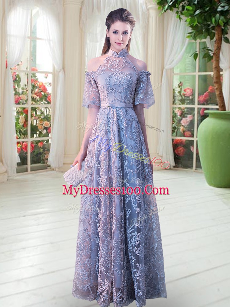 Ideal Grey Evening Gowns Prom and Party with Belt High-neck Half Sleeves Zipper