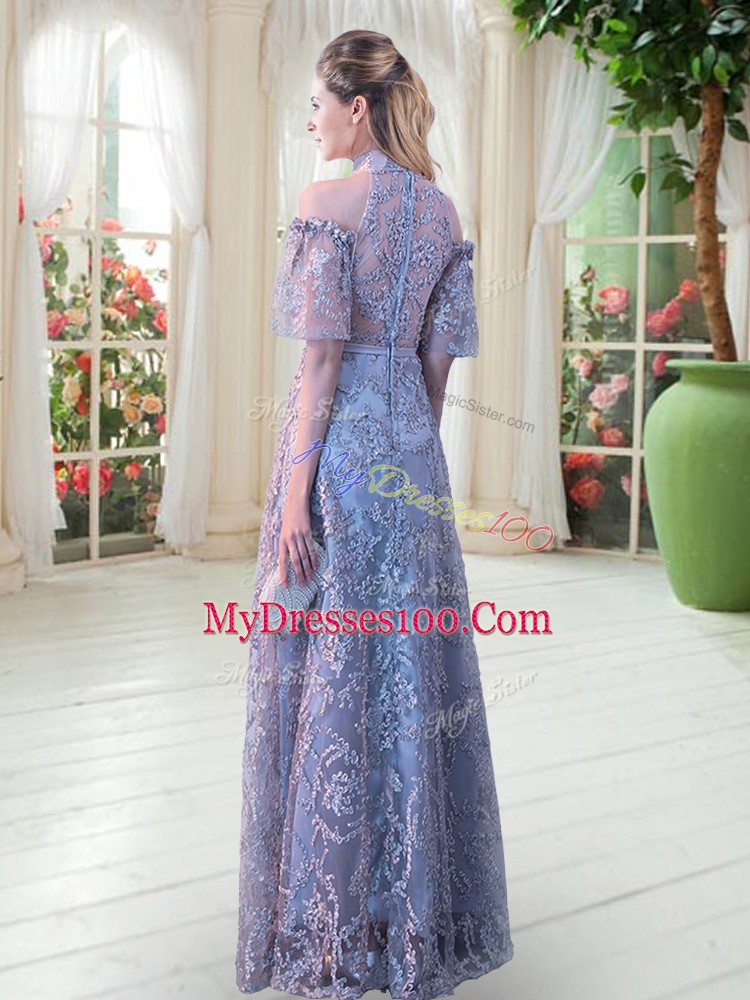 Ideal Grey Evening Gowns Prom and Party with Belt High-neck Half Sleeves Zipper