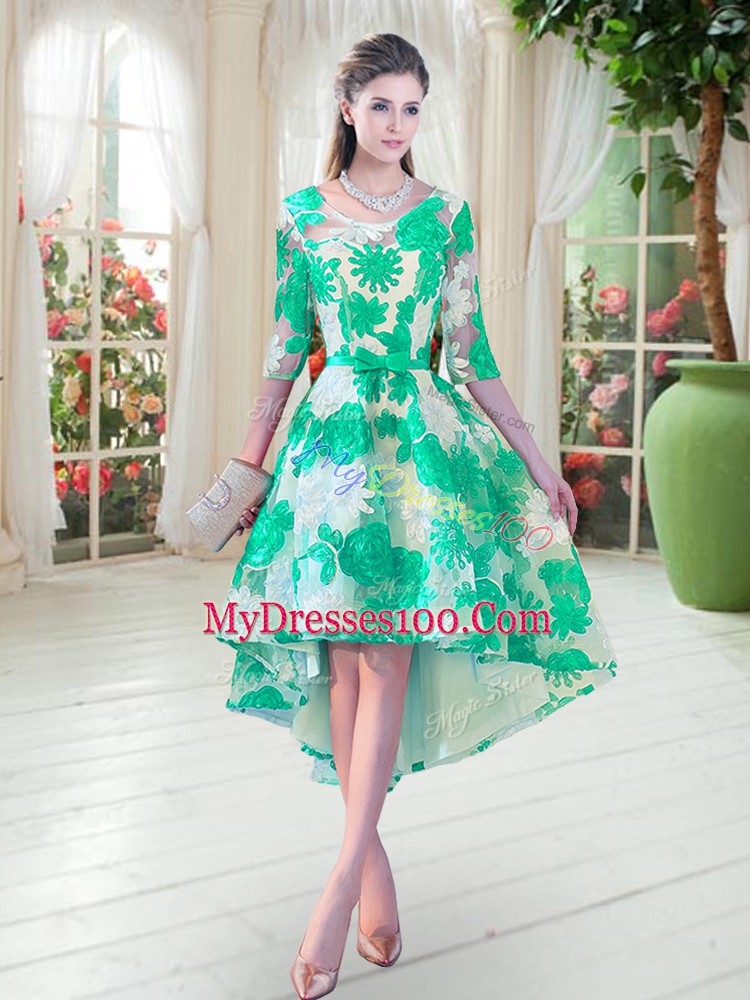 Eye-catching A-line Homecoming Dress Turquoise Scoop Lace Half Sleeves High Low Lace Up
