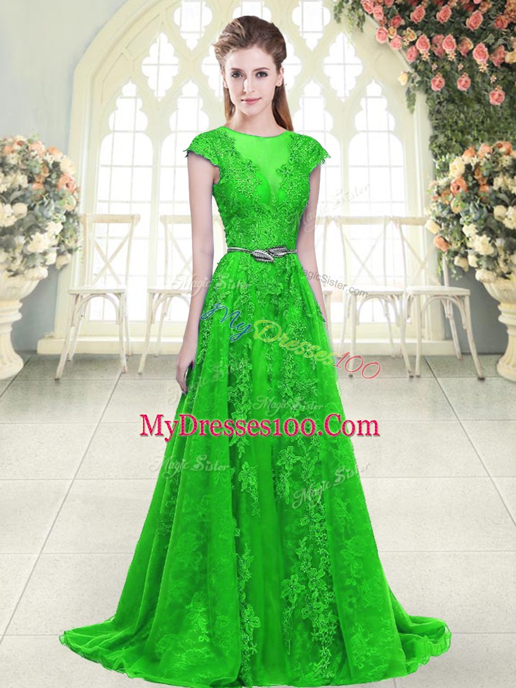 Green Tulle Zipper Cap Sleeves Beading and Lace and Pick Ups