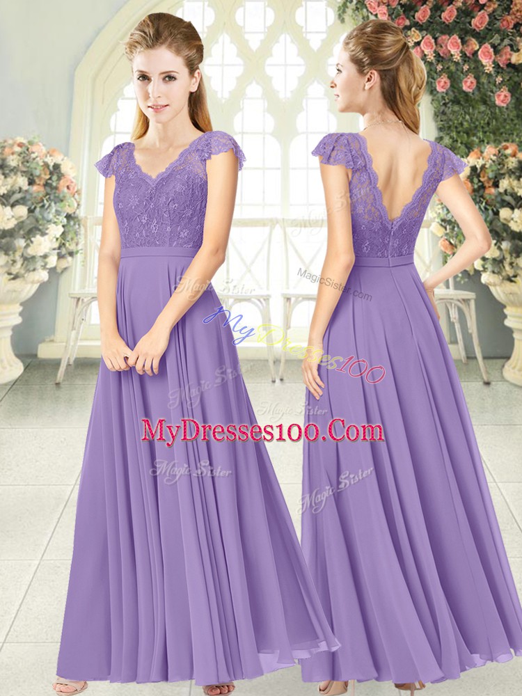 Lavender Chiffon Zipper V-neck Cap Sleeves Ankle Length Prom Evening Gown Lace