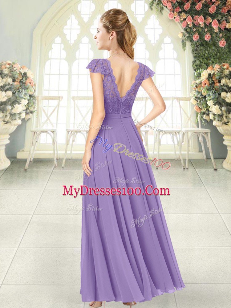 Lavender Chiffon Zipper V-neck Cap Sleeves Ankle Length Prom Evening Gown Lace