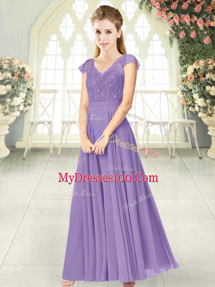 Lavender Chiffon Zipper V-neck Cap Sleeves Ankle Length Prom Evening Gown Lace