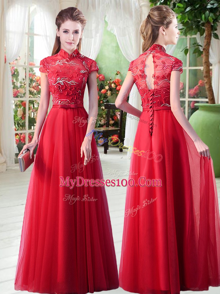 High-neck Cap Sleeves Lace Up Red Tulle