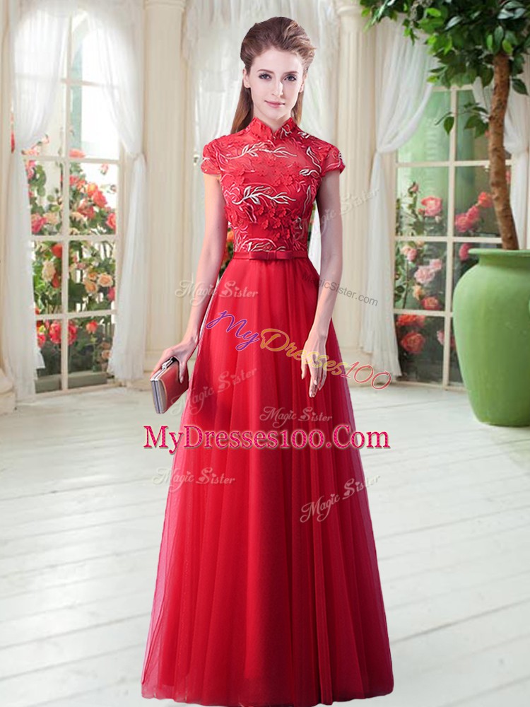 High-neck Cap Sleeves Lace Up Red Tulle