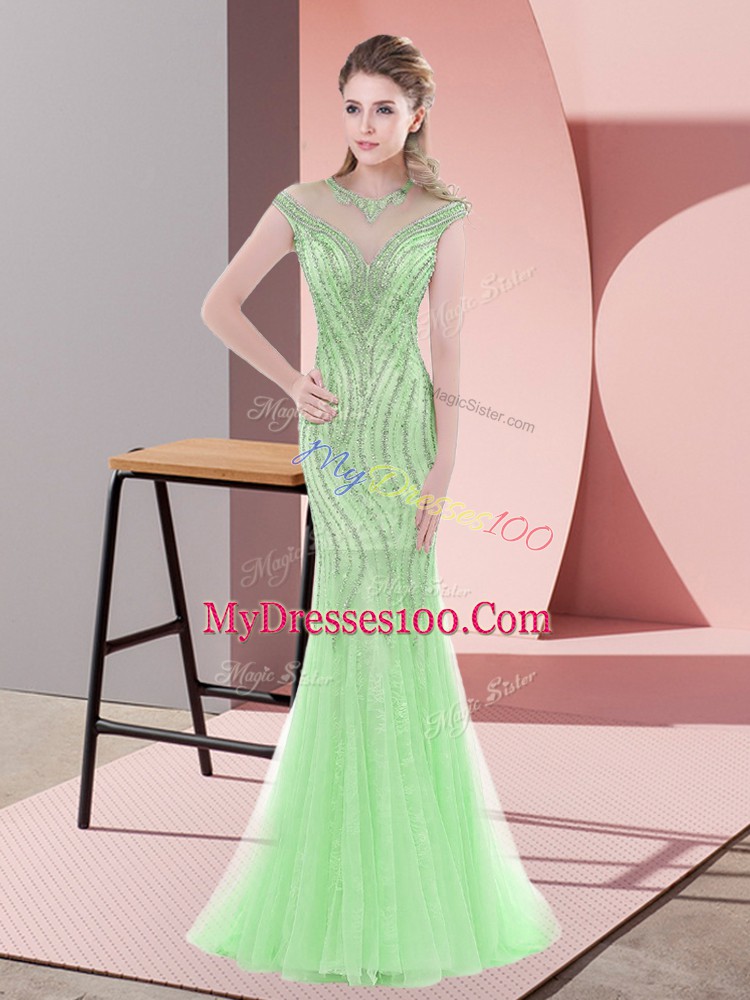 New Arrival Cap Sleeves Tulle Sweep Train Zipper Evening Party Dresses in Apple Green with Beading