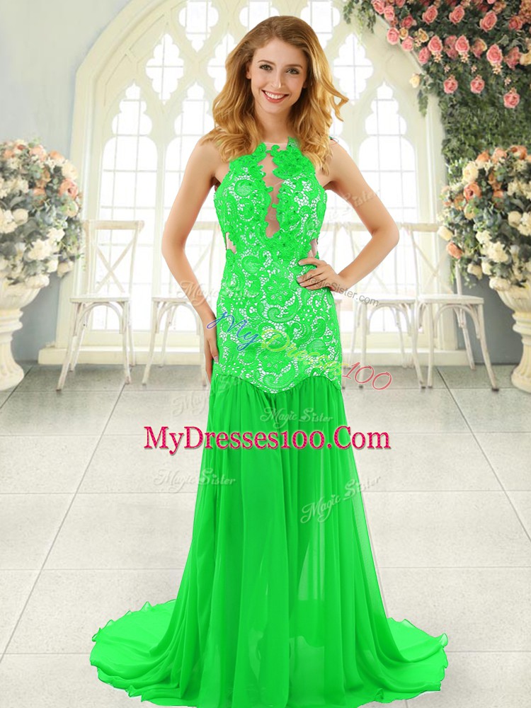 Captivating Green Evening Dress Prom and Party with Lace Scoop Sleeveless Brush Train Backless