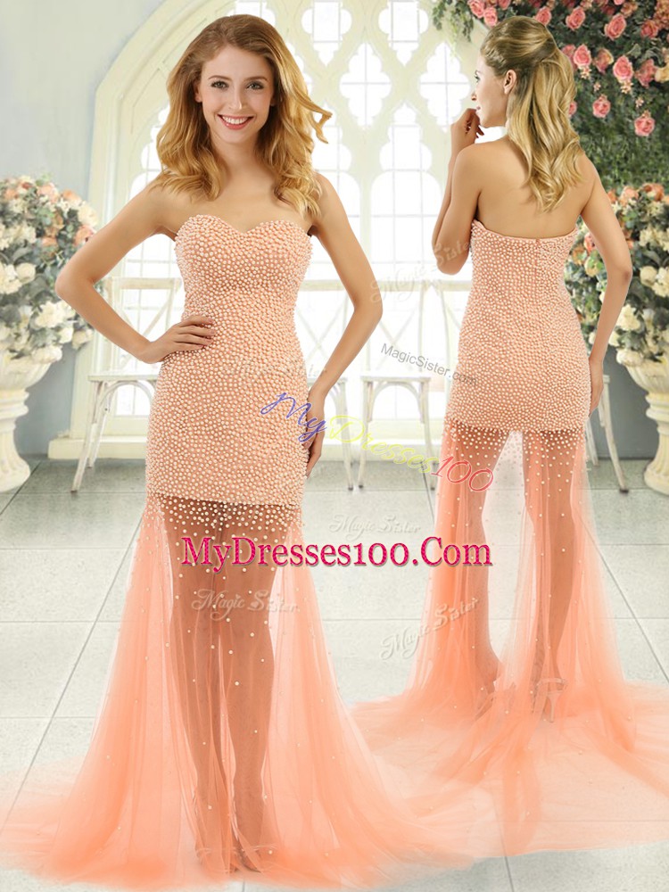 Tulle Sweetheart Sleeveless Brush Train Zipper Beading Prom Dresses in Orange and Peach