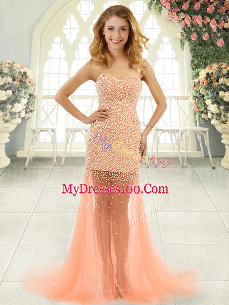 Tulle Sweetheart Sleeveless Brush Train Zipper Beading Prom Dresses in Orange and Peach