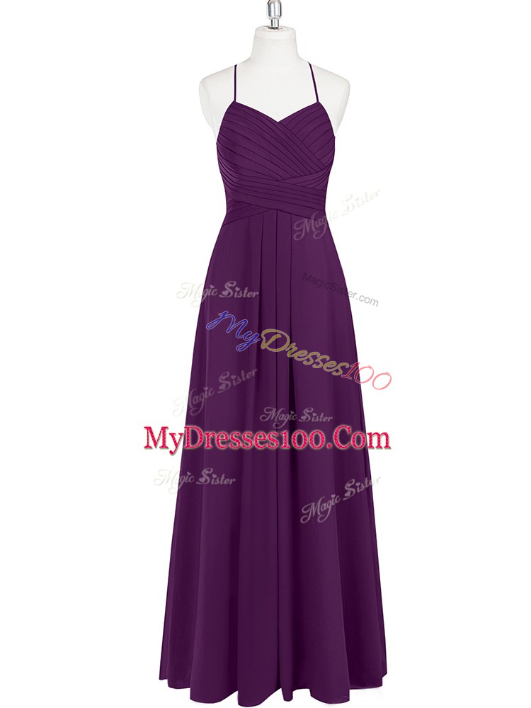 New Style Floor Length Zipper Prom Party Dress Eggplant Purple for Prom and Party with Ruching