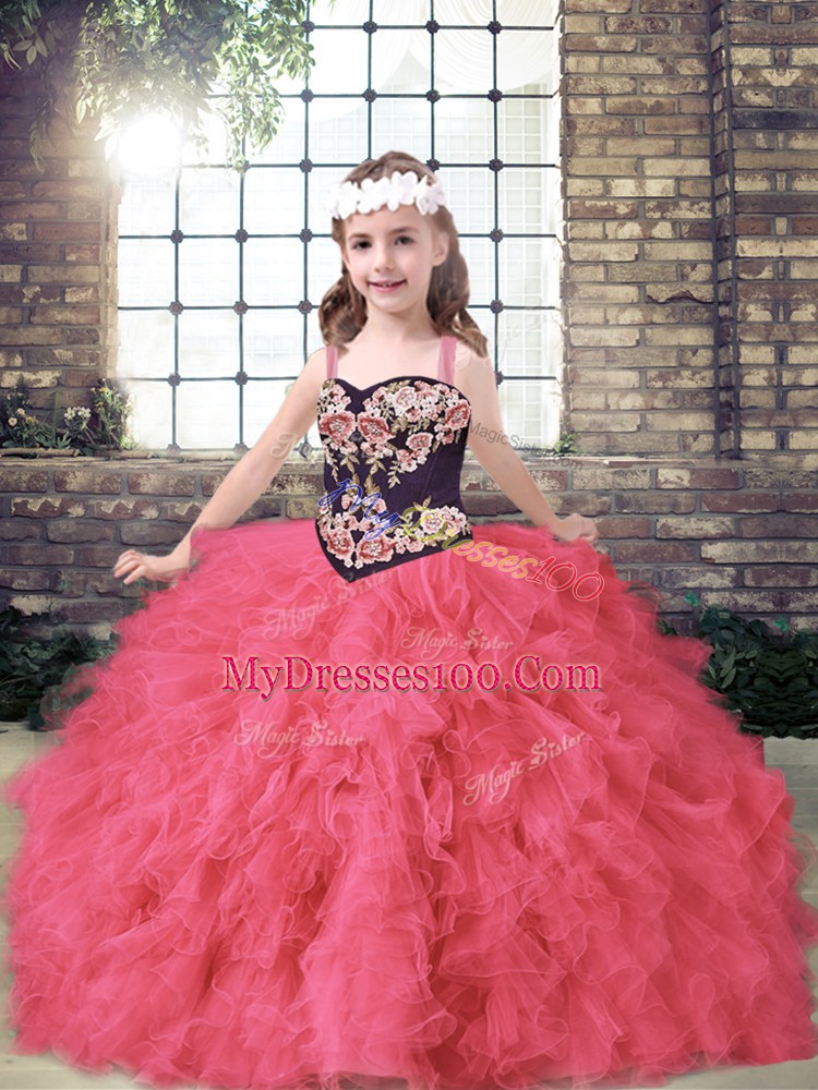 Beautiful Coral Red Straps Lace Up Embroidery and Ruffles High School Pageant Dress Sleeveless