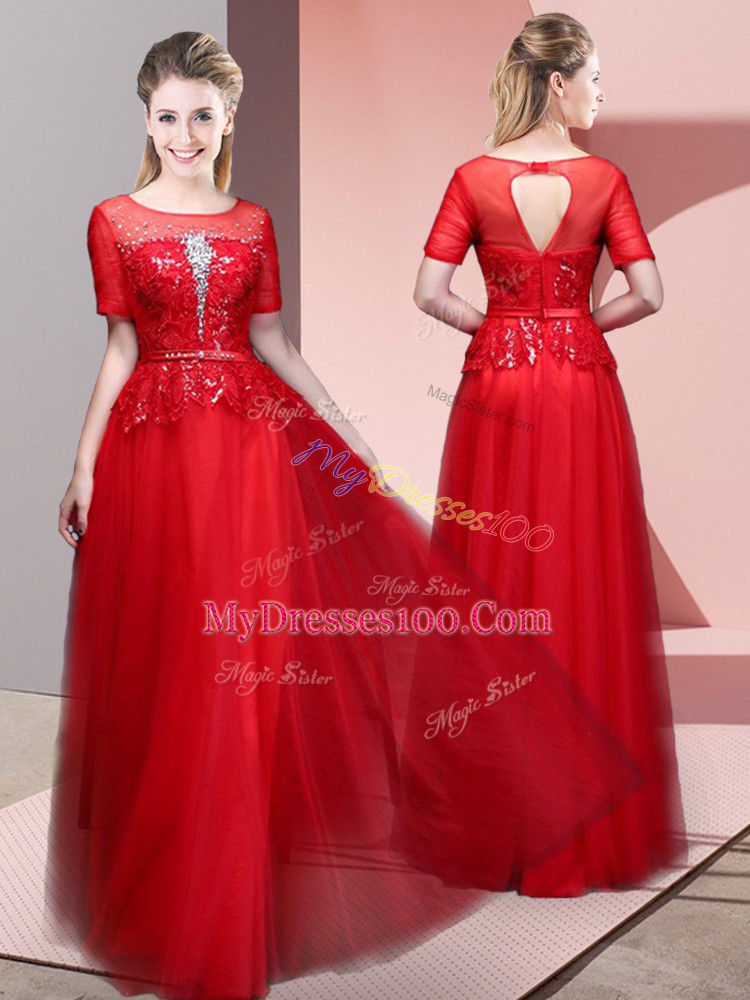 Nice Red Empire Tulle Scoop Short Sleeves Beading and Lace Floor Length Backless Prom Dresses