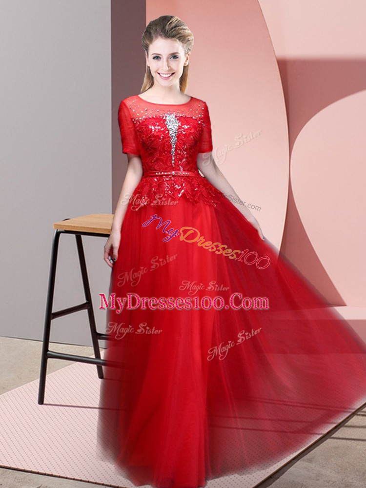 Nice Red Empire Tulle Scoop Short Sleeves Beading and Lace Floor Length Backless Prom Dresses