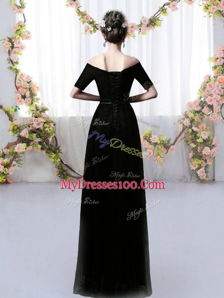 Fabulous Black Off The Shoulder Neckline Ruching Quinceanera Court Dresses Short Sleeves Lace Up