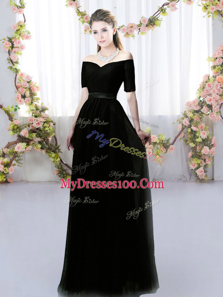Fabulous Black Off The Shoulder Neckline Ruching Quinceanera Court Dresses Short Sleeves Lace Up