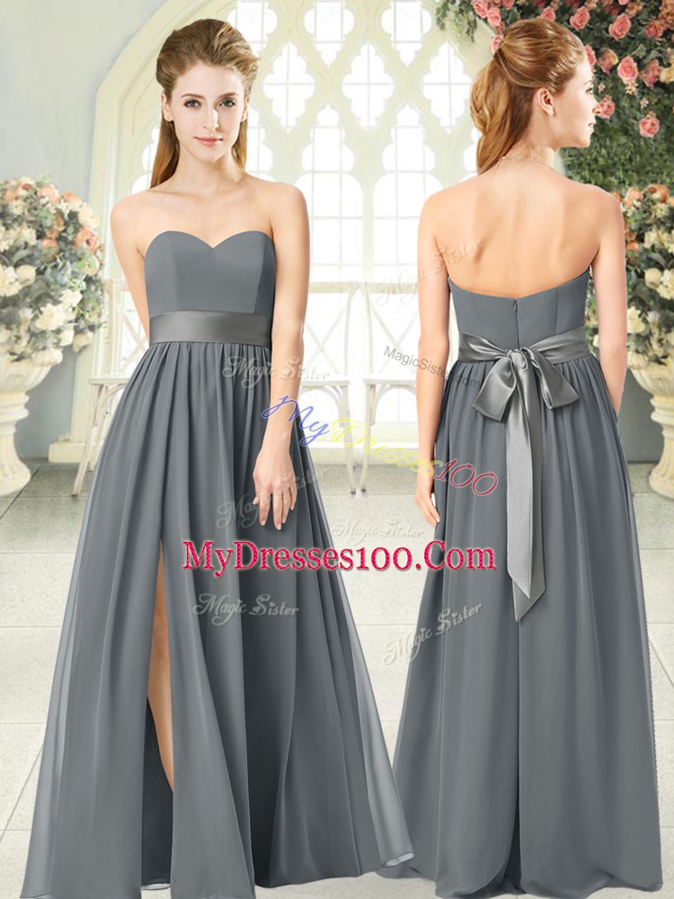 Dramatic Grey Empire Chiffon Sweetheart Sleeveless Belt Floor Length Zipper Prom Dress