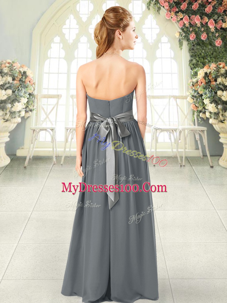 Dramatic Grey Empire Chiffon Sweetheart Sleeveless Belt Floor Length Zipper Prom Dress