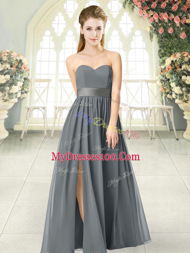 Dramatic Grey Empire Chiffon Sweetheart Sleeveless Belt Floor Length Zipper Prom Dress